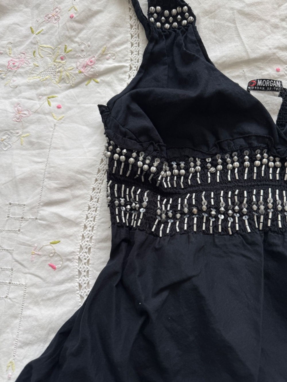 Morgan De Toi Silver Beaded Black Women's Camisole Babydoll Top - Picture 3 of 7